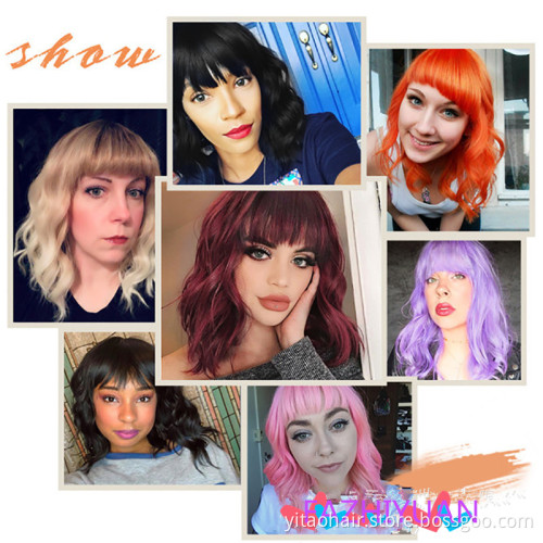 Short Natural Wave Blonde color  Water Wave Synthetic Wig For Women With  Bangs with factory price fiber wig synthetic hair